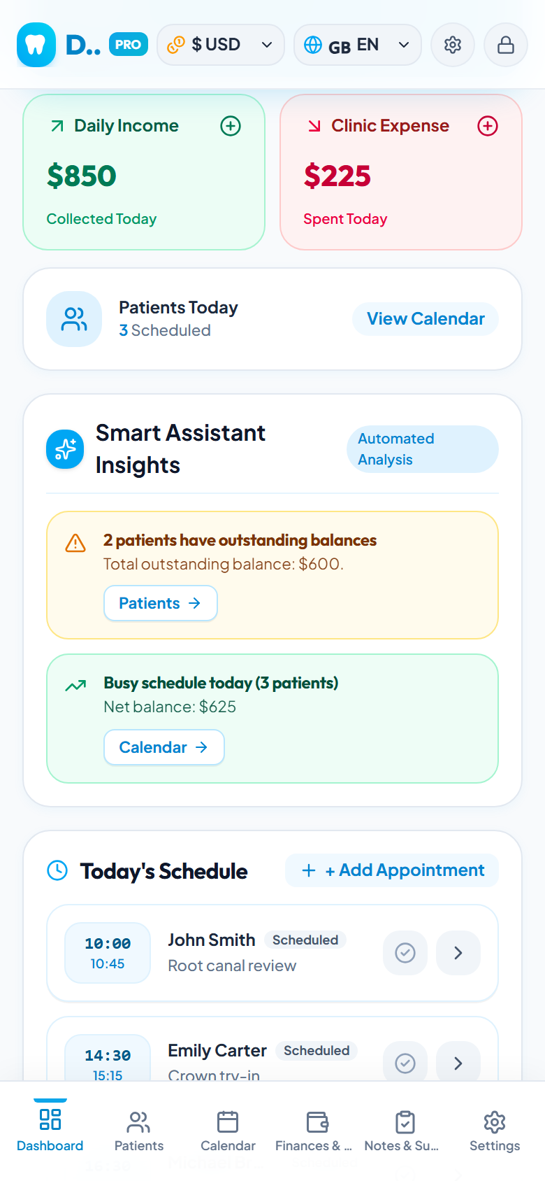 DentaX dashboard with income, expenses and today's schedule