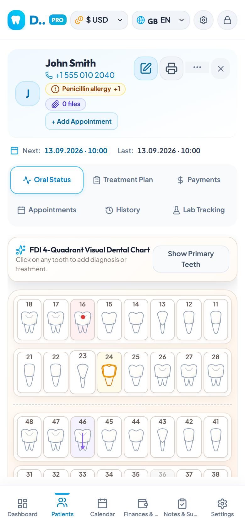 DentaX patient screen with visual 4-quadrant tooth chart